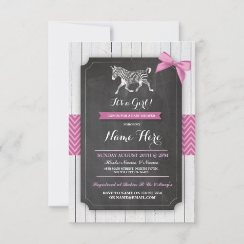 Zebra Pink Baby Shower Party Girl Wood Invite