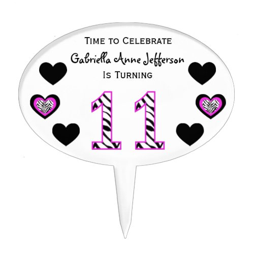 Zebra Pink  Black11th Birthday Party Cake Topper