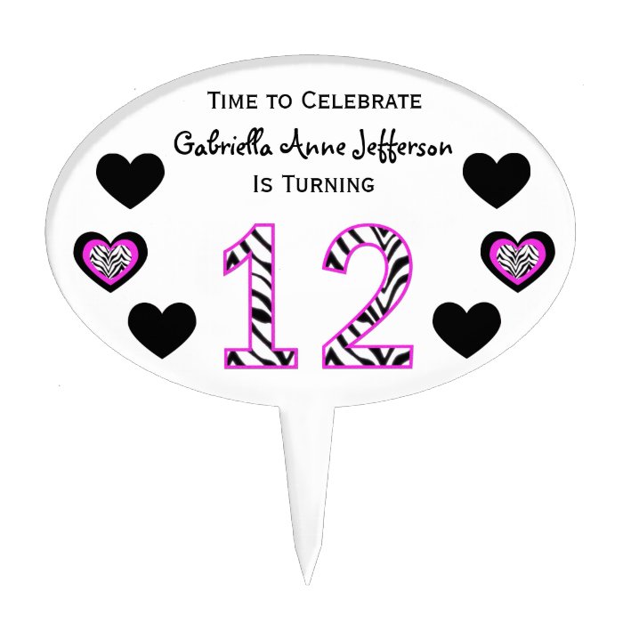 Zebra Pink & Black12th Birthday Party Cake Topper