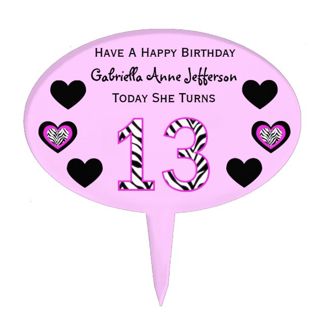Zebra Pink & Black:13th Birthday Party Cake Topper (Front)