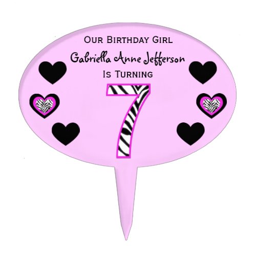 Zebra Pink  Black 7th Birthday Party Cake Topper