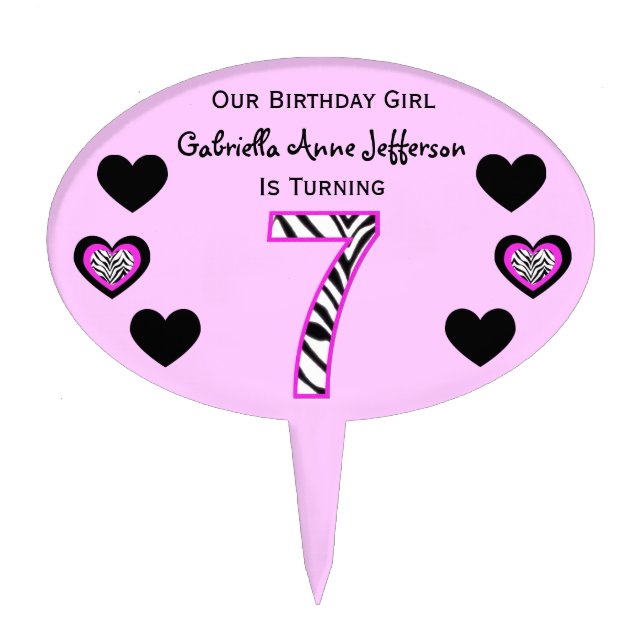 Zebra Pink & Black: 7th Birthday Party Cake Topper (Front)