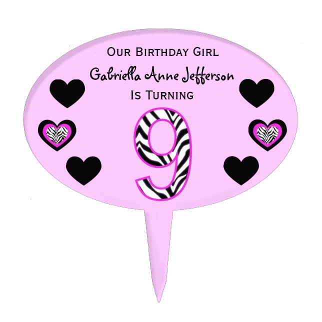 Zebra Pink & Black: 9th Birthday Party Cake Topper (Front)