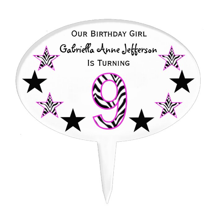 Zebra Pink & Black 9th Birthday Party Cake Topper