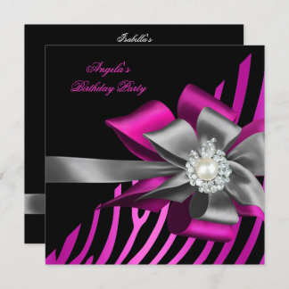 Zebra Pink Black Silver Bow Pearl Birthday Party Invitation