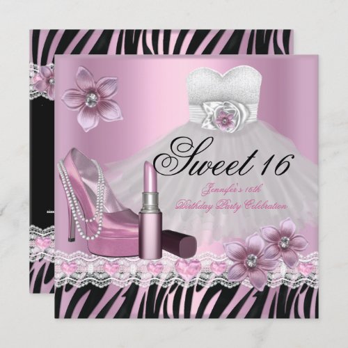 Zebra Pink Black Sweet Sixteen 16 Dress Lipstick 2 Invitation