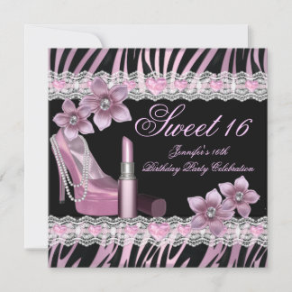 Zebra Pink Black Sweet Sixteen 16 Party Lipstick Invitation