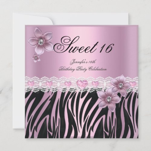 Zebra Pink Black Sweet Sixteen Sweet 16 PARTY Invitation