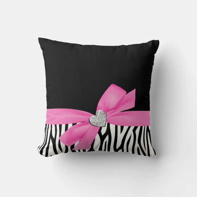 Zebra Pink Bow Diamond Heart Throw Pillow (Front)