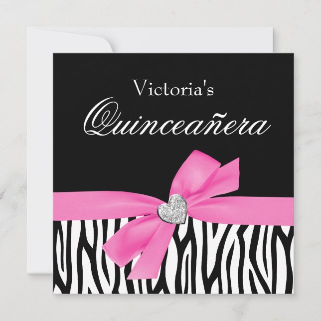 Zebra Pink Bow Diamond Quinceanera Invitations (Front)