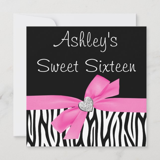 Zebra Pink Bow Diamond Sweet 16 Invitations (Front)