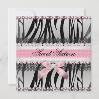Zebra Pink Bow Pink Zebra Sweet 16 Birthday Invitation