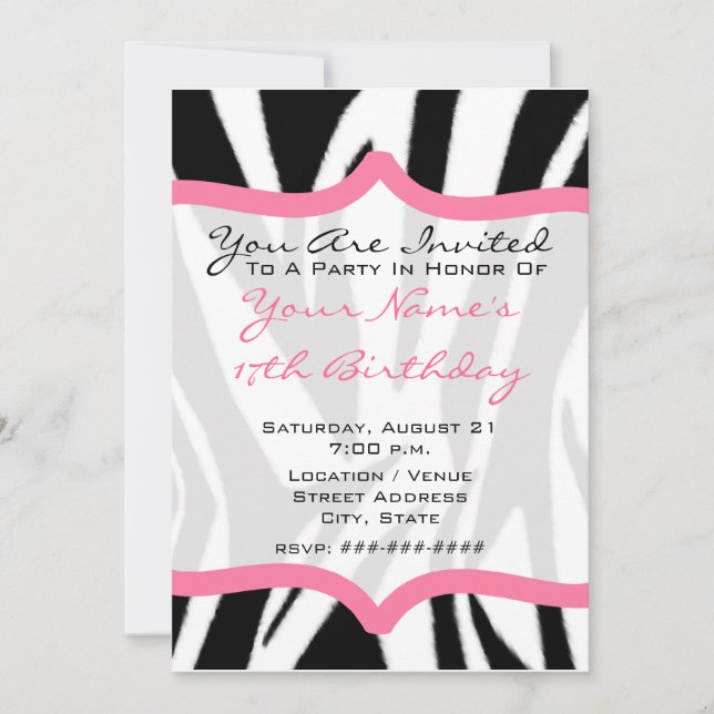 Zebra & Pink Cupcake Birthday Party Invite (Front)