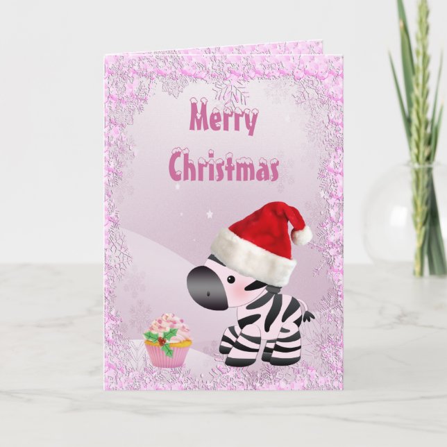 Zebra, Pink Cupcake & Snow Sequins Christmas Card (Front)