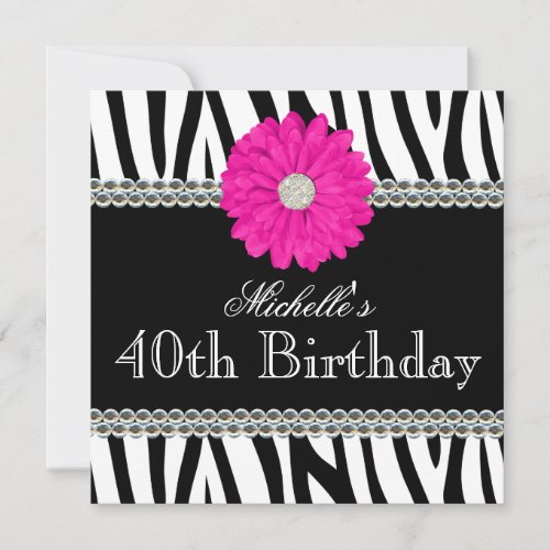 Zebra Pink Daisy Printed Gems 40th Birthday Invitation