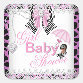 Zebra Pink Girl Baby Shower African American Square Sticker