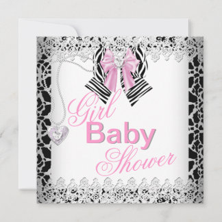 Zebra Pink Girl Baby Shower Lace Invitation