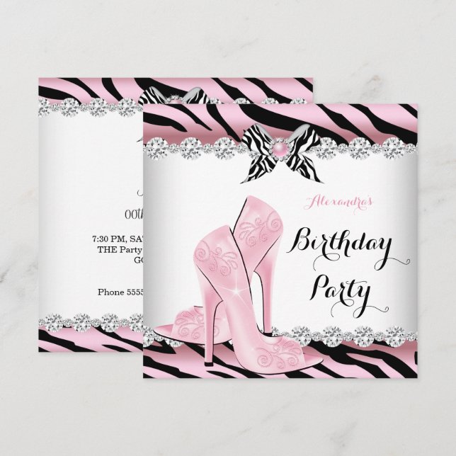 Zebra Pink Glamour High Heels Birthday Party 2 Invitation (Front/Back)