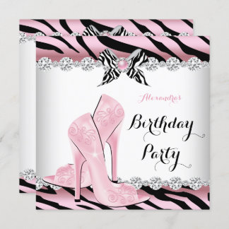 Zebra Pink Glamour High Heels Birthday Party 2 Invitation