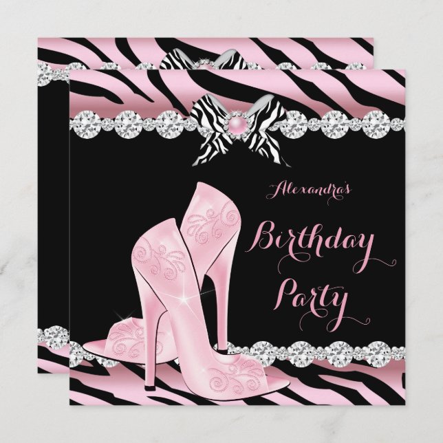 Zebra Pink Glamour High Heels Birthday Party 3 Invitation (Front/Back)