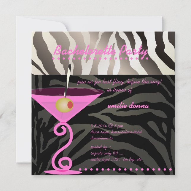 Zebra/pink martini Bachelorette Party Invitation (Front)