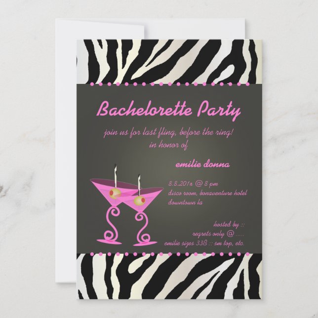 Zebra/pink martini Bachelorette Party Invitation (Front)