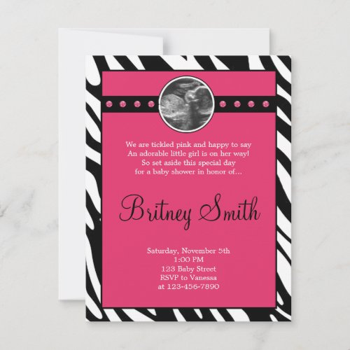 Zebra Pink Sonogram Photo Baby Shower Invitation