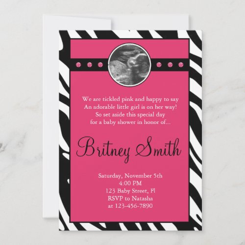 Zebra Pink Sonogram Photo Baby Shower Invitation
