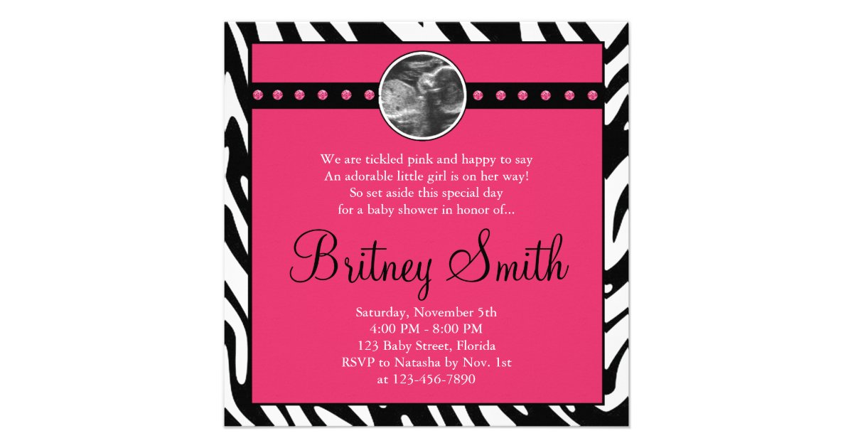 Zebra Pink Sonogram Photo Baby Shower Invitation