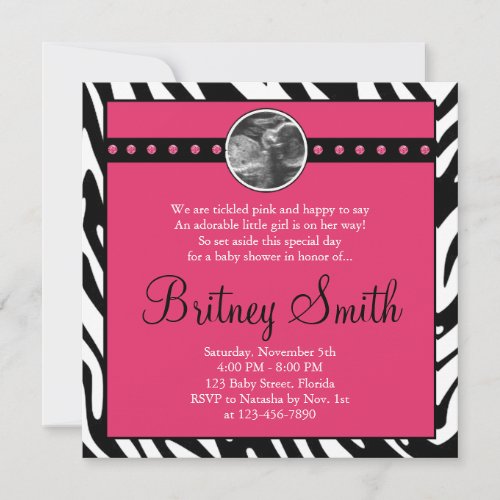 Zebra Pink Sonogram Photo Baby Shower Invitation