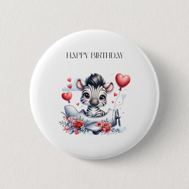 Zebra Plane Birthday Button (Front)