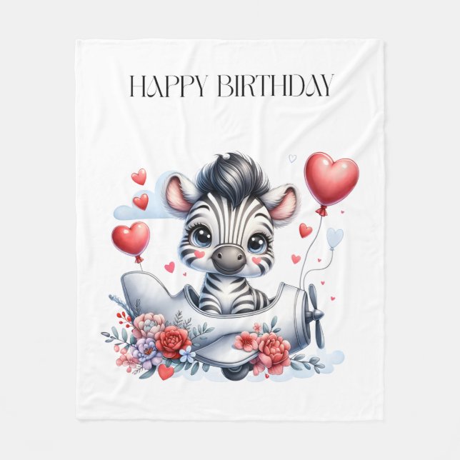 Zebra Plane Birthday Fleece Blanket (Front)