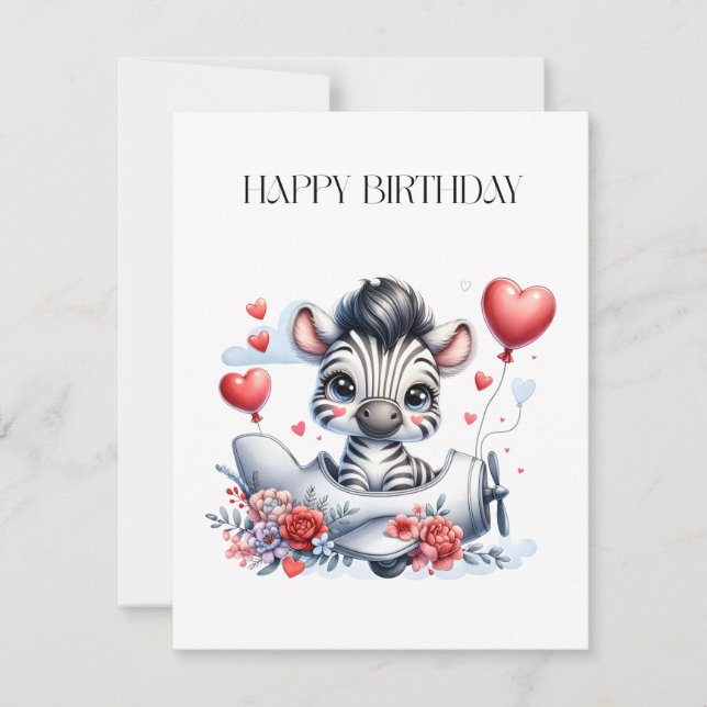 Zebra Plane Birthday Note Card (Front)