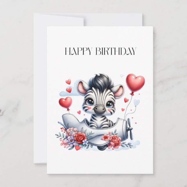 Zebra Plane Birthday Note Card (Front)
