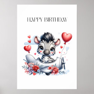 Zebra Plane Birthday Poster