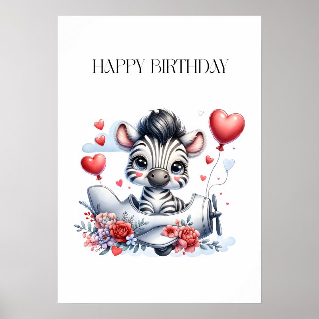 Zebra Plane Birthday Poster (Front)