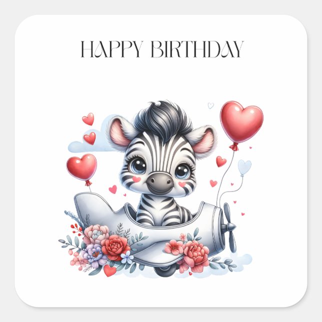 Zebra Plane Birthday Square Sticker (Front)