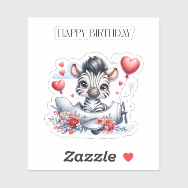 Zebra Plane Birthday Sticker (Sheet)