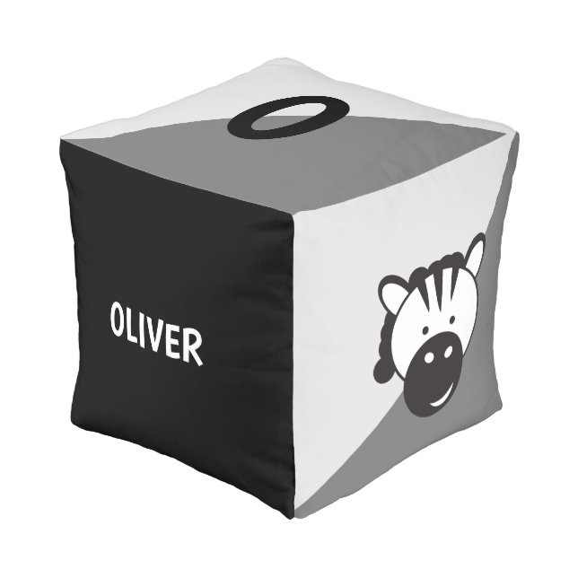 "Zebra Playtime" - Personalized Modern Safari Pouf (Angled Front)