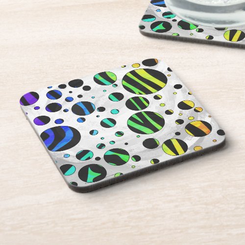 Zebra Polka Dot Black and Rainbow Print Beverage Coaster