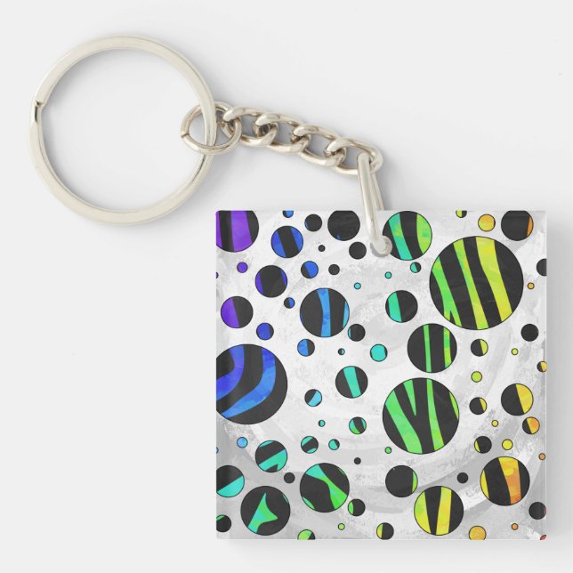 Zebra Polka Dot Black and Rainbow Print Keychain (Front)