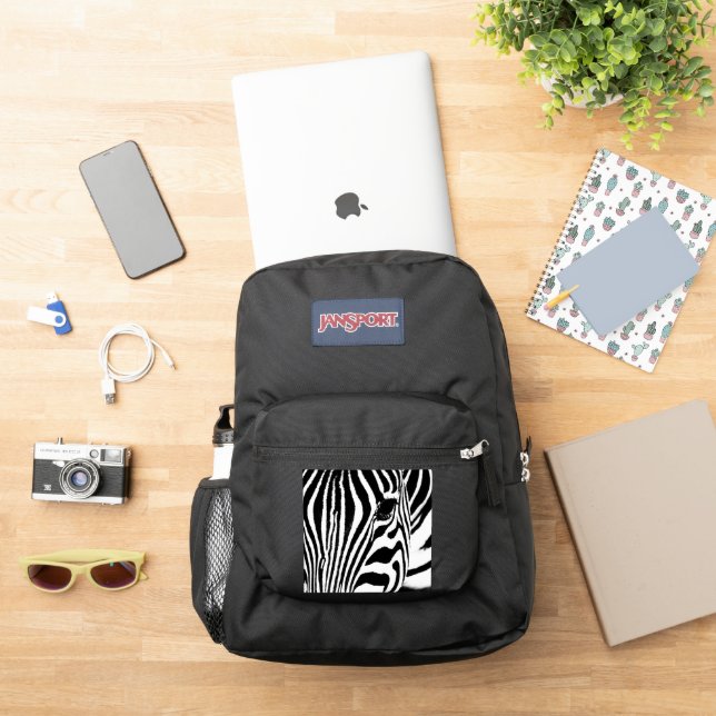 Zebra portrait black and white photo JanSport backpack (Insitu)