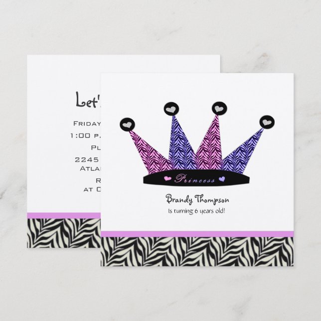 Zebra Princess Crown Party Invitations (Front/Back)