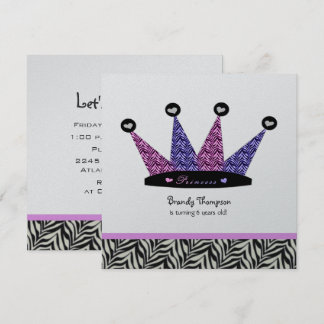 Zebra Princess Crown Party Invitations