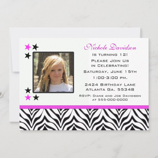 Zebra Print: 12th Birthday Party Invitations (Front)