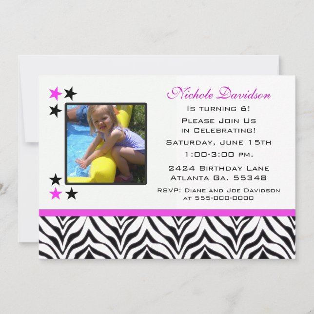 Zebra Print: 6th Birthday Party Invitations (Front)
