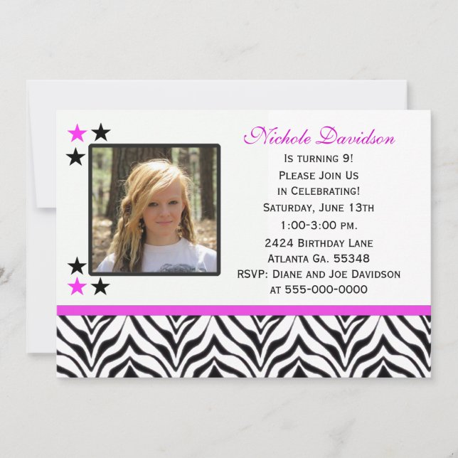 Zebra Print: 9th Birthday Party Invitations (Front)