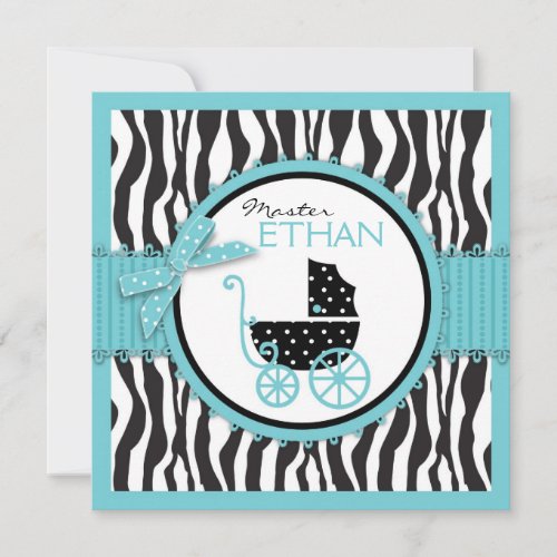 Zebra Print and Baby Carriage Baby Shower Custom Invitation