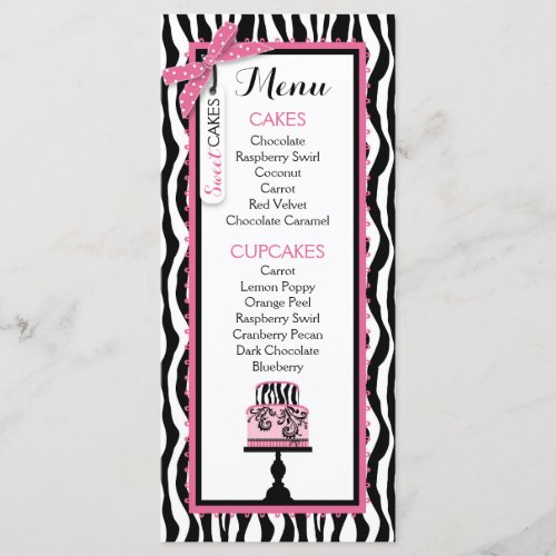 Zebra Print and Cake Bakery Menu Card