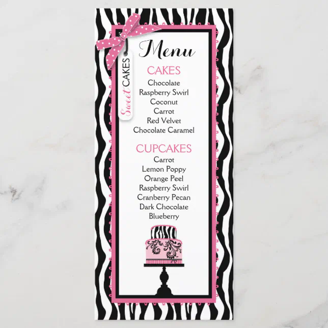 Zebra Print and Cake Bakery Menu Card Zazzle